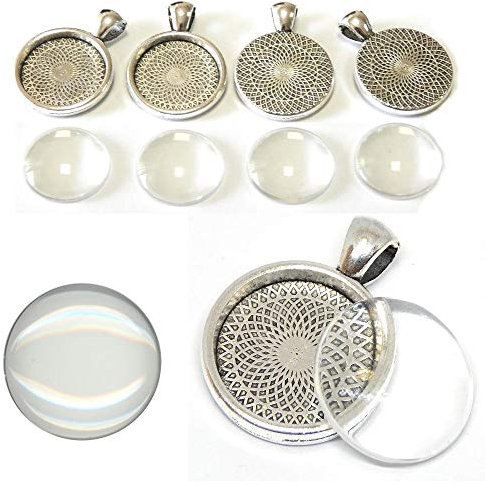 Perlin 4 Set Medaillons Metall Anhänger Fassungen und 25mm Rund Klar Glas Cabochon, Fassung Rahmen Super Optik Bastelset (Silber)
