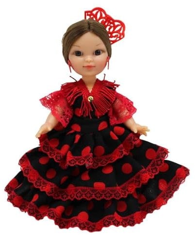 Folk Artesanía Regionale Puppe Kollektion 25 cm mit typischem Kleid Andalusien oder Andalusien mit Kamm Spanien (schwarz, roter Punkt)