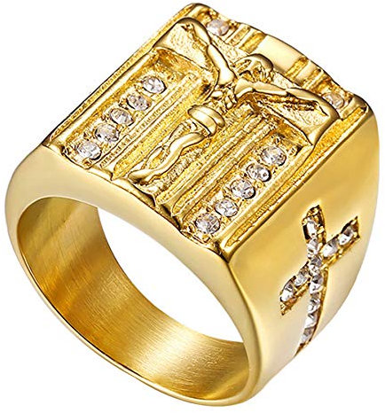 Flongo Herren-Ring Rosenkranz-Ring Männer Ring Daumenring aus Edelstahl Bandring Siegelring Gold Kreuz Kruzifix Jesus Herren-Accessoires Größe 62