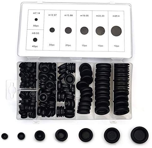 170 Piezas Juego de Surtido de Arandelas de Goma, Ojales de Goma, Tapones de Goma, Juntas de Anillo de Alambre Eléctrico para Automóvil Tubería de Agua Bomba - 7 Tamaños, Negro