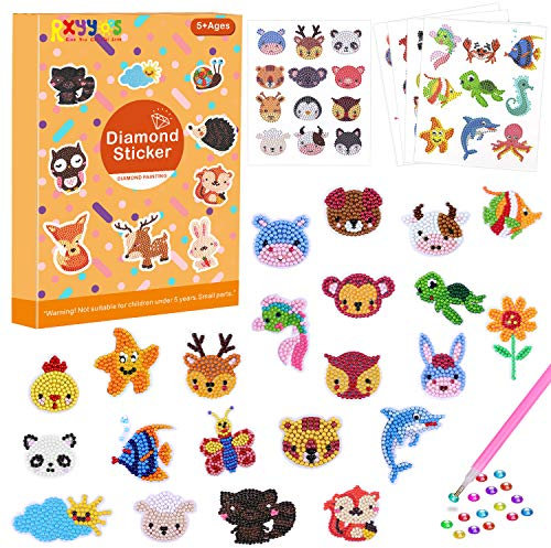 RXYYOS Diamant Aufkleber Malerei Kit, 49Pcs 5D Kinder Diamant Aufkleber Tier Set Creaties DIY Farbe Glitzersteinchen Diamant Painting Aufkleber Notebook Telefon Tasse, Geschenk für Mädchen Junge