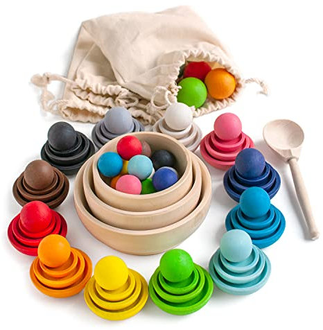 Ulanik Colors and Sizes Toddler Montessori Toys for Age 3+, Preschool Matching Wooden Games for Learning Colour Sorting and Counting — 36 Balls on Plates