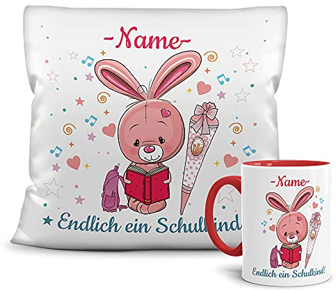 Print Royal Geschenk-Set aus Tasse und Kissen mit süßem Tiermotiv Hase - Endlich EIN Schulkind - Zur Einschulung für Mädchen - mit Wunschname Personalisieren - Kissen weiß - Tasse Innen & Henkel Rot