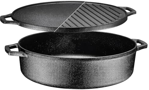 Bruntmor 6.8 Quart Cast Iron Skillet with Reversible Grill Griddle Lid - 3-in-1 Round Cast Iron Pan for Frying, Grilling, Dutch Oven Cooking - Roasting Pan with Lid, Camping Cookware, Black