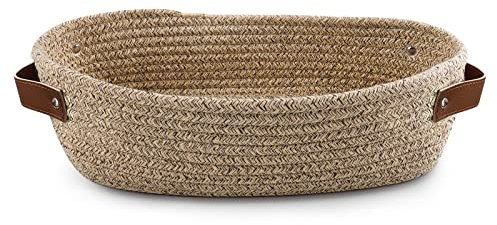 TENQUAN 1PC Cesta de Almacenamiento de Cuerda de Algodón, 34 × 17 × 10 cm Cesta de Estante Tejida con asa de Cuero Decorar el Hogar para Estantes de Armario Dormitorio Baño (Marrón Claro)