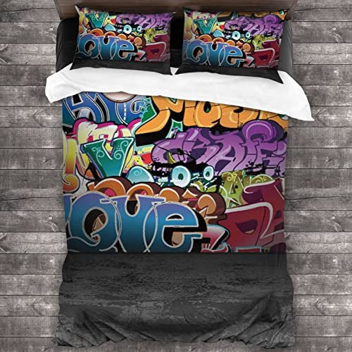 Graffiti-Hip-Hop-Bettwäsche-Set, weiche Mikrofaser, 3-teilig, 1 Bettbezug und 2 Kissenbezüge