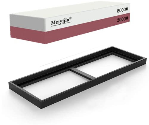 Meiyijia Schleifstein,2-IN-1 Wetzstein Messerschleifer mit Rutschfestem Silikonhalter, Messer-Halter für Messer, Abrichtstein, Bambusbasis (3000/8000 Körnung)