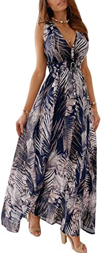 TOPLAZA Robe de Plage Longue Femme Décolleté en V Impression de Plantes Tropicales, Bleu, L