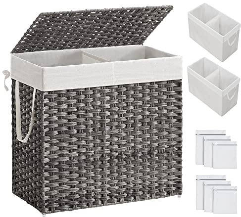 SONGMICS Wäschekorb Mit Deckel, 130 L, 2 Herausnehmbare Beutel, 6 Netztaschen, Poly-Rattan, Doppelt Für Badezimmer, 33 x 66 x 69 cm, Grau ULCB253G01