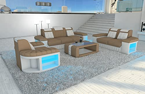 Couch Bellagio Couchgarnitur 3-2-1 Stoffsofa mit Sessel - mit LED Beleuchtung, verstellbare Kopfstützen/Mikrofaser (Taupe-Weiß C106)