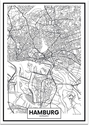 wandmotiv24 Poster als Wanddeko, Größe Din A1, Straßen Karte Hamburg, Deutschland, Koordinaten, Reisen, Moderne Wanddeko, Wandbilder, Deko, Bild M0140