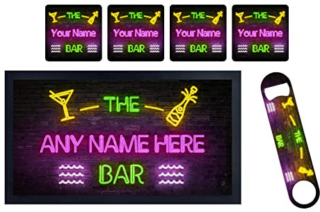 ShopQuality4U Personalise Gamer Bar Runner Mat, optional: Matching Bottle Opener & 4x Drinks Coasters, Gift Set | Beer Gifts Home Bar Accessories for Pub Bars Man Cave Him Her Gin Oclock