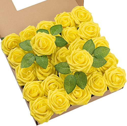 DuHouse Lot de 25 Roses artificielles avec tiges - Toucher réaliste - pour Bouquet de Mariage, fête prénatale, Centre de Table, Arrangement Floral, fête, décoration d'intérieur (Jaune)