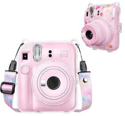 HIYQIN Clear Case Compatible with Fujifilm Polaroid Instax Mini 12 Instant Camera, Clear Crystal Hard Shell with Shoulder Strap and Funny Sticker (Clear+Pink)