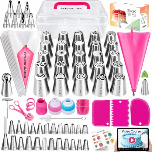 RFAQK 150PCs Russian Piping Tips Complete Set - Cookie,Cupcake Decorating Supplies Kit -Cake Piping Tips Set(24 Icing Tips+25 Russian+7 Ruffle+Leaf&Ball+41 Pastry Bags+EBook)