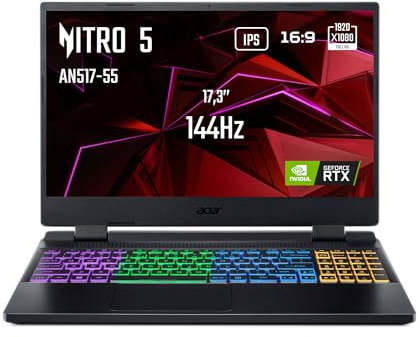 ACER Nitro 5 AN517-55-74QE Ordinateur Portable Gaming 17,3'' Full HD IPS 144 Hz, PC Portable Gamer (Intel Core i7-12650H, NVIDIA GeForce RTX 4060, RAM 16 Go, 512 Go SSD, Windows 11) - PC Gaming Noir