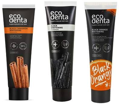 Ecodenta Black Whitening Zahnpasten-Set x3 Stück I Schwarze Kohle Zahncreme Zahnaufhellung 100ml, Aufhellende Zahnpasta mit schwarzem Zimt, 100 ml, Whitening Toothpaste Orangengeschmack 100ml