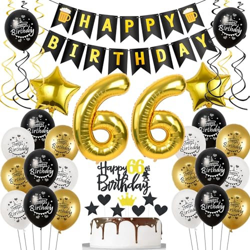 Deko 66 Geburtstag Deko Mann Frauen, Luftballon 66. Geburtstag Schwarz Gold, Geburtstagsdeko 66 jahre Mann Luftballon, Tortendeko 66. Männer Geburtstagsdeko 66 jahre für Frau