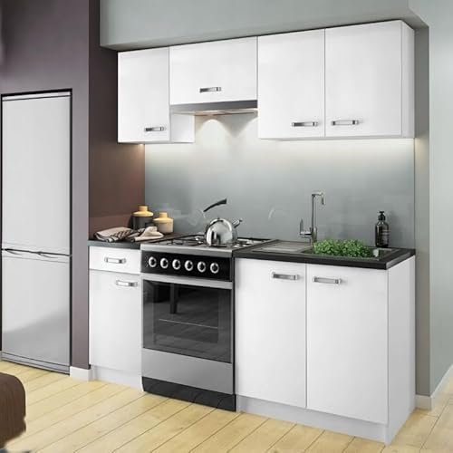 Deftrans Muebles de Cocina First - Juego de 5 Piezas, Incluye Armario de 80 cm, Armario Con Cajones de 40 cm, Campana Extractora de 60 cm, Colgante de 80 cm