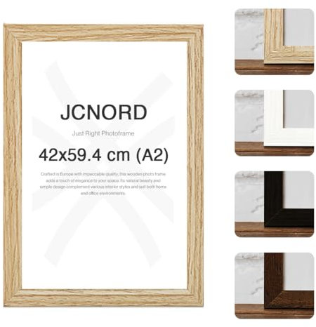 JCNORD MDF Eichenfarbener Holz Bilderrahmen A2 (42x59.4 cm) mit bruchsicherem Acrylglas | Moderner Fotorahmen für Wände und Tische
