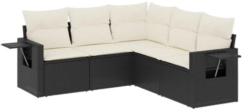 vidaXL Garten Sofagarnitur mit Kissen 5-TLG., Gartenmöbel Gartengarnitur, Sitzgruppe Sitzgarnitur, Lounge Sofa Garnitur Terrasse, Schwarz Poly Rattan