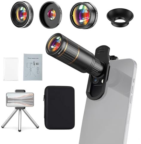 Andoer 4-in-1 Phone Lens Kit: 22X Telephoto, 205° Fisheye, 4K 0.67X Wide Angle, 25X Macro Lenses. Black, Optical Glass/Plastic with Metal/Plastic Barrel and Clip, Phone Mount