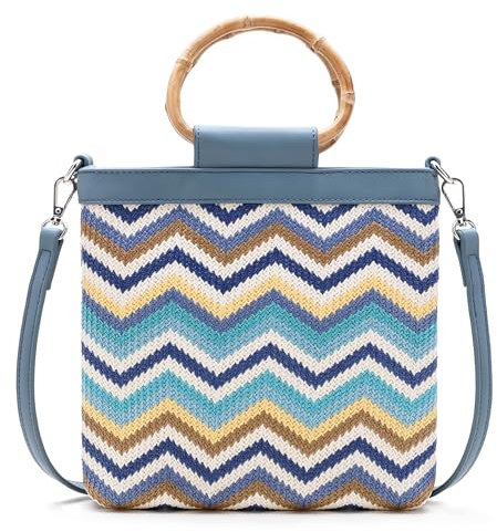 MengH-SHOP Handtasche Sommer Strandtasche Damen Handgewebte Shopper Tasche mit Bambusgriff Frauen Henkeltasche für Damen Reisen und Urlaub, Blaue