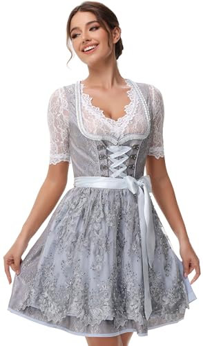 ELFIN Damen Midi Dirndl Elegante Trachtenkleid Dirndlkleid Trachtenmode Kleid für Oktoberfest inkl. Spitzen Dirndlschürze, Gelbgrau, 36