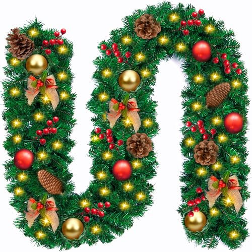 Vleuexe Weihnachtsgirlande mit 50 warmweißen LEDs,2.7M Tannengirlande künstlich,Künstlich Adventskranz,Künstliche Girlande Weihnachtsdeko,Beleuchtete Kränze,für Weihnachten,Treppen,Tür,Garten,Kamine