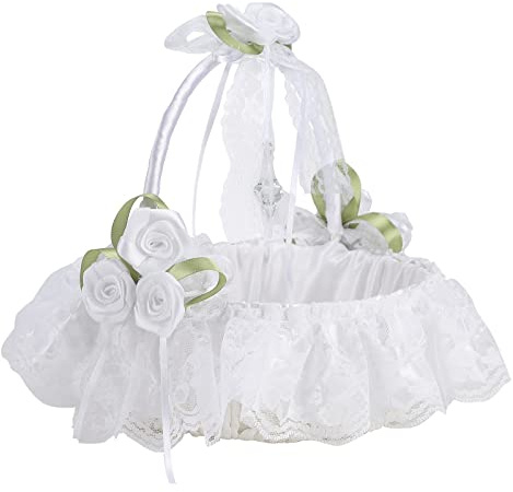 MINGZHE Blumenmädchen-Körbe für Hochzeiten, Weißer Spitzen-Schleifen-Hochzeitskorb mit Faltbarem Griff und Perle, Künstlicher Blumenkorb für Hochzeitszeremonie, Party-Dekoration