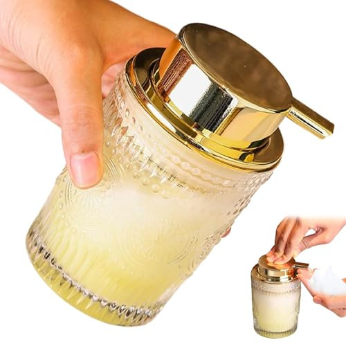 Glass Foam Soap Dispenser 3.5x5in 300ml Transparent with Gold Pump Sunflower Relief patterned Refillable Foaming Hand Soap Dispenser for Bathroom & Kitchen, Pump Bottle