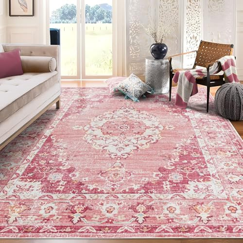 Taleta Grand tapis vintage lavable et antidérapant pour chambre à coucher, cuisine, salle à manger (rose, 160 x 230 cm)