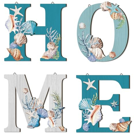CHDITB 4pcs Strand Meer Home Wanddekoraion, Küstenstrand Wandkunst,Strand Buchstaben Meer Schild,Seestern Muschel Wanddeko,Home Zeichen Wanddekoration,Heimschild für Wohnzimmer Küche Schlafzimmer