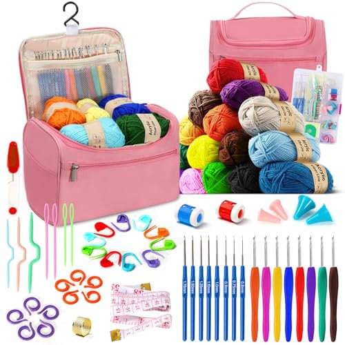 Spardar 63 pcs Häkelset, Strickset für Anfänger mit Häkelgarn, Häkelnadeln, Häkelzubehör und tragbarer Aufbewahrungstasche, ideal für Erwachsene, Senioren und Kinder(DunkelRosa)