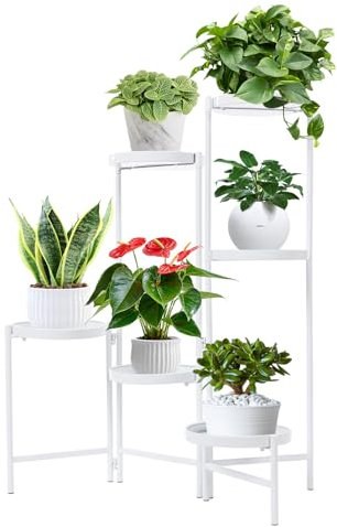 HUSPOO Plant Stand Indoor with 6 Levels, Corner Metal Plant Shelf for Multiple Plants, Foldable Display Rack Shelf Tall Jardiniere Planter Stands for Living Room Garden Patio (White)