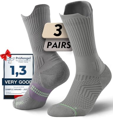 Juclise Bambus Coolmax Kompressionslaufsocken Sport Wandern Atmungsaktive Feuchtigkeitstransport Anti-Blasen Gepolstert Senkfußeinlage (DE/NL/SE/PL, Numerisch, 38, 42, Regular, Regular, Grau Lila)