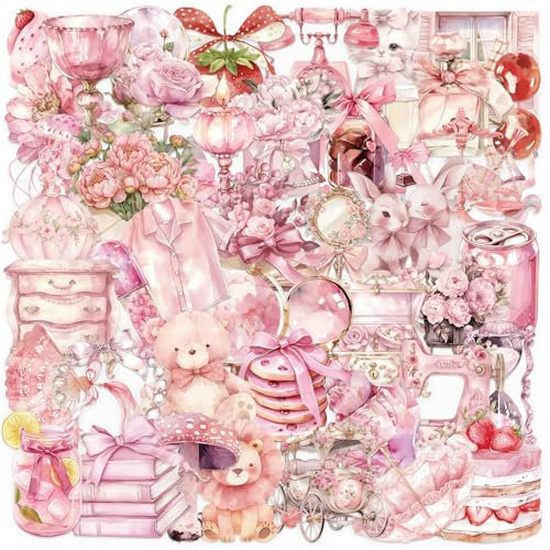 APAREAL Aesthetic Rosa Stickers Set, 50 Stück Kawaii Anime Aufkleber für Laptop Scrapbooking Journal Kindle Skateboard Notebook Gitarre Koffer Fahrrad, Wasserfeste Transparente PET Sticker