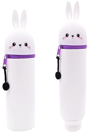 Trousse Ecole 2 en 1 en Silicone Souple Kawaii,Porte-Plume,Lapin Blanc Pochette de Stylo,Étui en Silicone Souple pour L'école,Trousse Lapin Blanc,Trousse à Crayons en Silicone Souple Rétractable