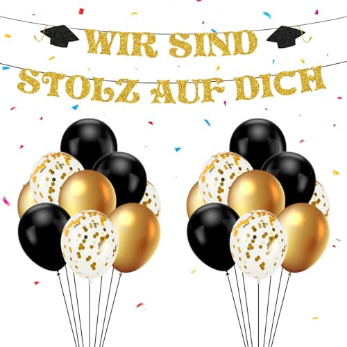 Banner Abschluss Girlande 2025 Set mit 18 Stück Graduation Luftballons, Abschlussfeier Deko, abschluss deko, Schwarz Gold Latexballons Konfetti, für Oberschule Universität Abschlussfeier