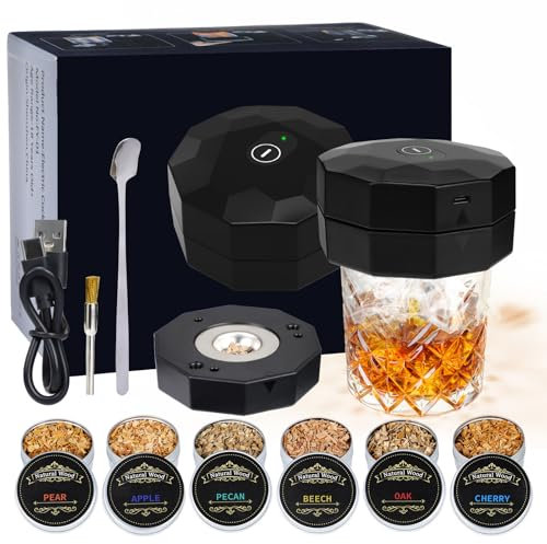 Fizzyo Elektrischer Cocktail Smoker Kit mit 6 Aromen Holzspäne, Wiederaufladbare Whiskey Drink Smoker Infuser Set Geburtstag Bourbon Whiskey Geschenke für Cocktail-Liebhaber Männer Papa Ehemann