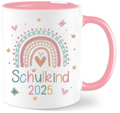 Tasse Geschenk zur Einschulung für Mädchen - Tasse Schulkind 2025 - Regenbogen Herzen Keramik-Tasse, 350ml, Geschenk für Erstklässler, Schüler 1. Klasse, Rosa