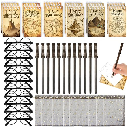 Wizard Stationery Party Geschenke mit 12 Geschenk-Taschen, 12 Magic Wands Bleistifte, 12 Notizbücher, 12 Rahmen Gläser für Hexe Geburtstag Party Favors Goodie Bag Fillers Schule Belohnungen Set