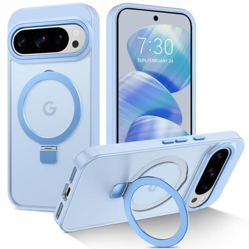 DUEDUE 120° Drehachse Magnet Hülle für Google Pixel 9/9 Pro 6,3 Zoll, Matt Stoßfest Handyhülle mit Stabilen Ständer [Kompatibel mit MagSafe] Magnetische Hülle für Pixel 9/9 Pro Case, Blau
