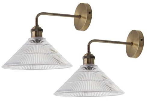 Set of 2 Isaac - Antique Brass Wall Lights with Fluted Glass Shades