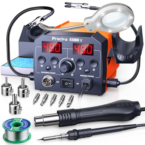 Preciva 2-in-1 Soldering Station with Hot Air Gun & Soldering Iron Kit, Rework Station with 5X Magnifying LED Lamp, Helping Hands, Sleep Mode for Mobile PCB Repair (UK Plug)