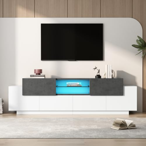 Merax LED TV Schrank 180 cm, Lowboard TV-Kommode mit Glasablage und RGB-Beleuchtung, Modernes TV Board für 80/75/70/65/55 Zoll Fernseher, Weiß + Grau, für Wohnzimmer & Schlafzimmer