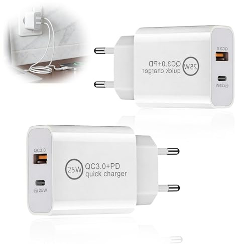 2Pack Cargador USB C 25W 2 Puerto Enchufe Tipo C Carga Rapida Múlti Movil Charger Cabezal Dual Tipo C y USB A QC 3.0 y PD Adaptador Cargador para Samsung Galaxy S24/S23/S22/S21 para iPhone 16/15/14