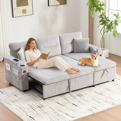 FammyLoft Schlafsofa mit Schlaffunktion, Sofa L Form mit Stauraum, Sofa Bed mit USB-Anschlüssen, Schlafcouch, Gemütliches Cloud Couch, Ecksofa, für Wohnzimmer und Home-Office, 212cm, Hellgrau