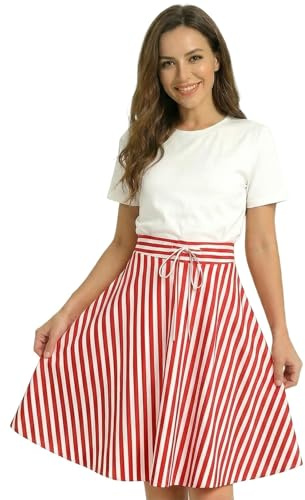 Popcorn Kostüm Damen Rot Weiß Gestreift Rock Rockabilly Cocktail 50Er Jahre Outfit Karneval Knielanger Tellerrock A Linien Freizeit Faltenrock Elastische Hohe Vintage Glockenrock