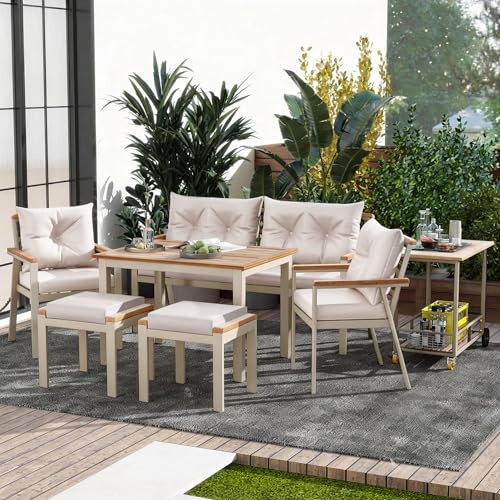 Merax Gartenmöbel Set 6-7 Personen Akazienholz, Garten-Esstisch Set mit Sofa, Stühlen & Hockern, Outdoor Essgruppe mit Servierwagen auf Rollen, Holz Gartenmöbel Set Terrasse Balkon